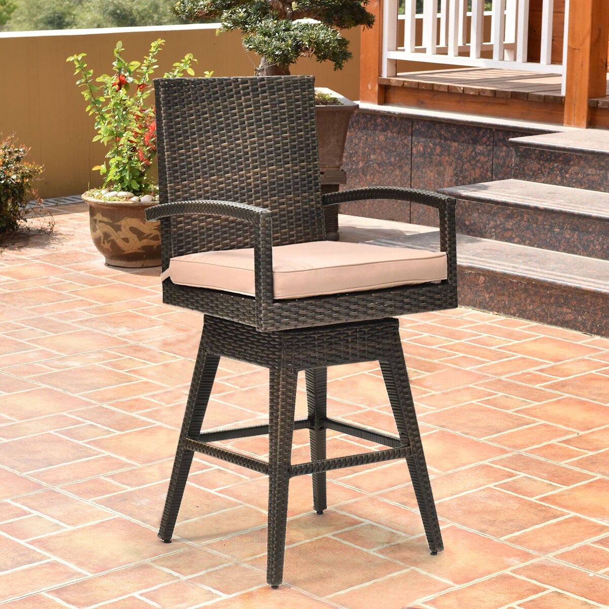 Costway Outdoor Wicker Swivel Bar Stool Chair Patio Backyard Costway Outdoor Wicker Swivel Bar