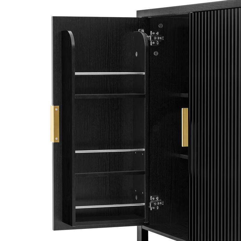 Storage Cabinet with 4 Stripe Door and Side Hooks, Buffet Cabinet Adjustable Shelves & Aluminum Handles for Living Room