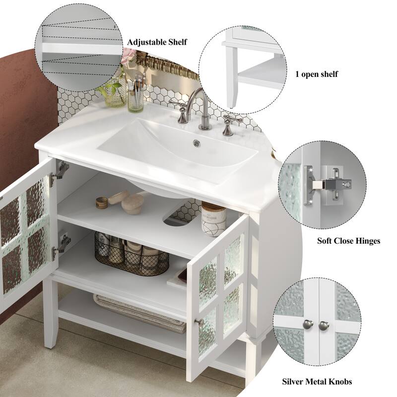 36" Storage Cabinet for Bathroom Vanity with Sink, Textured Glass Doors, Open Shelf, Silver Metal Knobs and Adjustable Shelf
