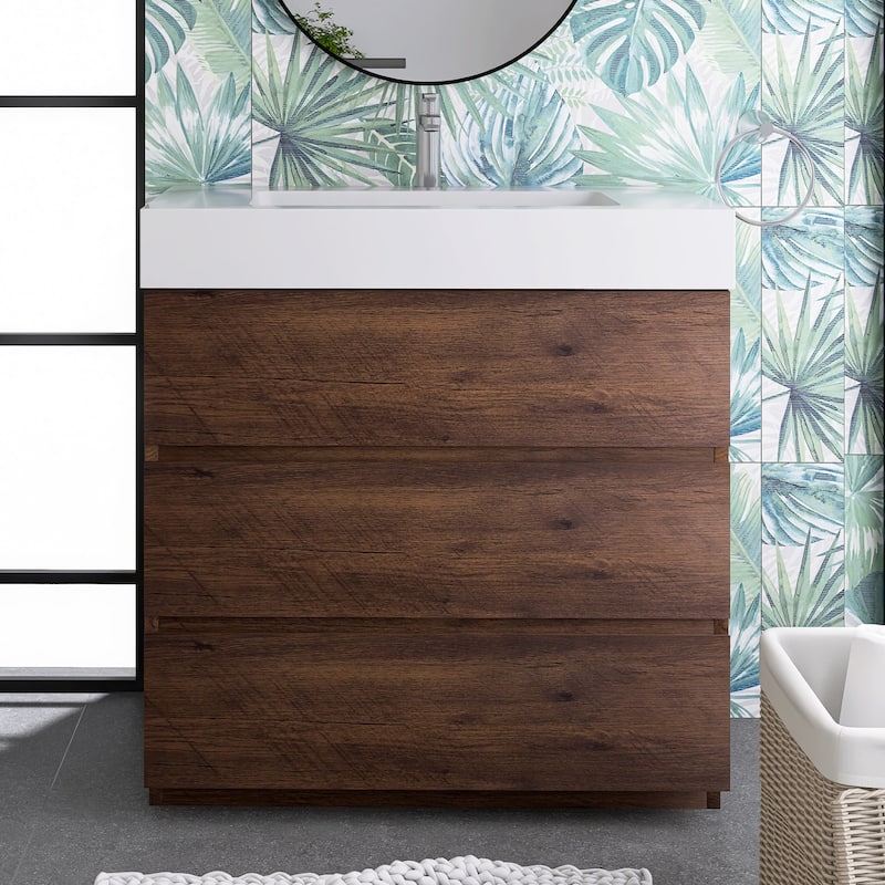 Wood Freestanding Bathroom Vanity Set with White Integrated Resin Sink
