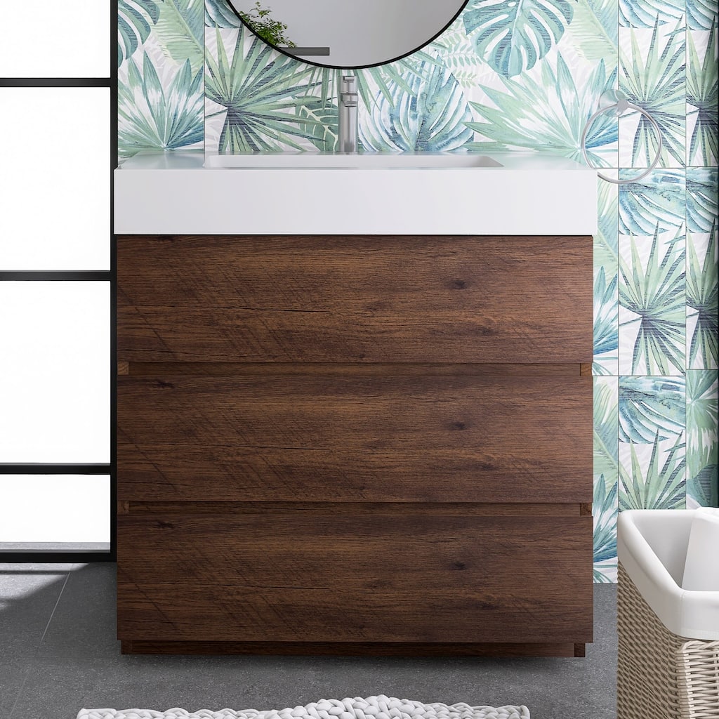 Wood Freestanding Bathroom Vanity Set with White Integrated Resin Sink