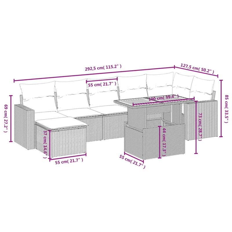 vidaXL Patio Sofa Set with Cushions Outdoor Furniture 8 Piece Poly Rattan - 24.4" x 24.4" x 27.2"
