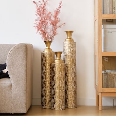 Metal decorative vases High distress metal center vases with growing vine patterns, set of 3 vases