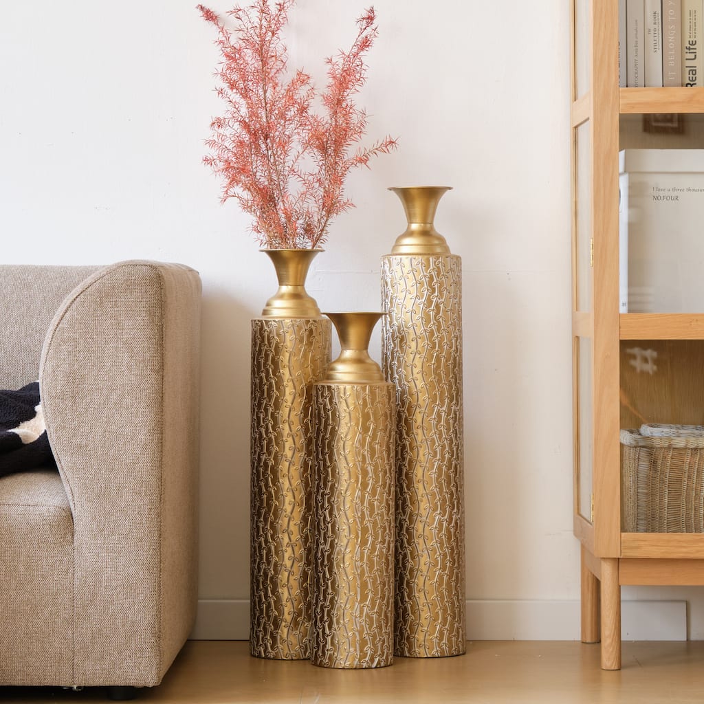 Set of 3 Metal Center Vases with Growing Vine Patterns