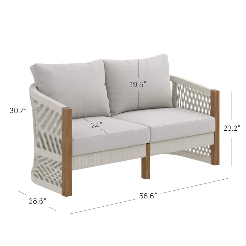 Jagger Farmhouse Patio Seating with Solid Acacia Wood Frame, Cushions, and Rope Accent