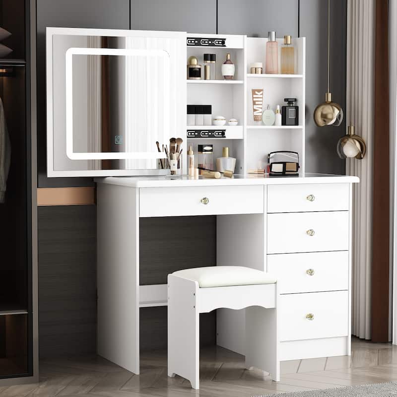 Smart Vanity Design,Sliding Mirror,and Noise-Free Drawer Dresser Table - 39.4"W