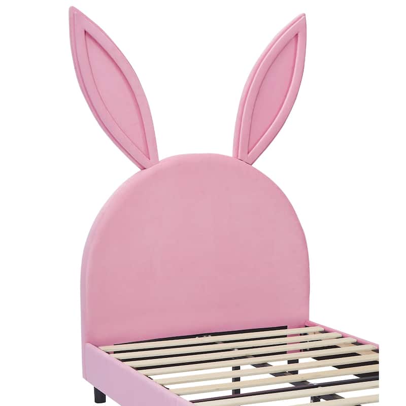 VECELO Wooden Cute Rabbit Twin Bed Frame with Upholstered Headboard, Kids Bed Frame Set of 2