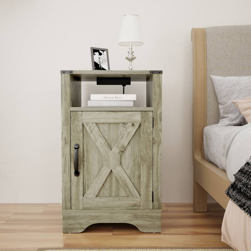 Farmhouse Nightstand Side Table, Wooden Rustic End Table, Tall Bedside Table with Electrical Outlets Charging Station