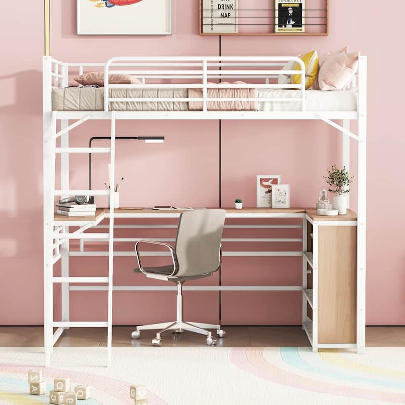 Metal Twin Loft Bed with 3-Tier Shelves & L-Shaped Desk - Contemporary Design
