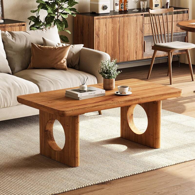 47" Rectangle Solid Wood Coffee Table, Farmhouse Center Table for Living Room - 47.24" W × 23.62" D × 17.72" H