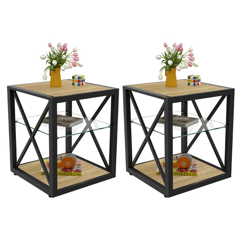 Set Of 2 Modern End Table Nightstand, Tempered Glass&Rustic Wood Grain Mdf,Industrial Style Side Table - Wood