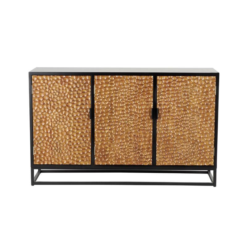 Wooden Handmade Carved Pebbled 3 Door Sideboard with Black Metal Frame - Brown - Roche River Decor