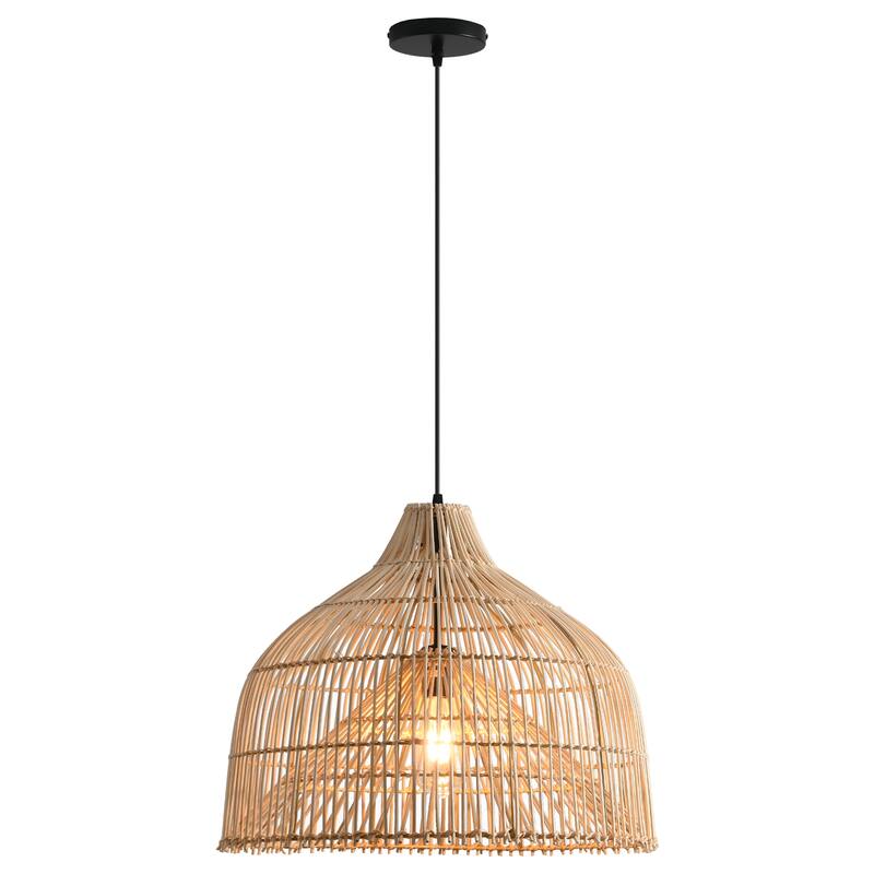 1-Light Boho Brown Rattan Hand-Woven Cloche Hanging Basket Pendant Light - 19.6" W x 62.9" H