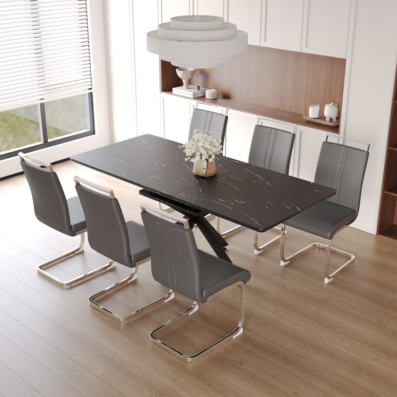 Modern Dining Set with Rectangular Extendable Large Table & C-shaped Tube Soft Padded Armless Chairs
