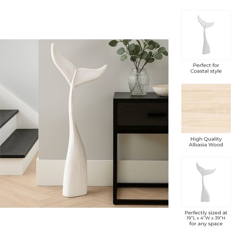 Artistic Wood Whale Tail Figurine Sculpture Home Decor - White