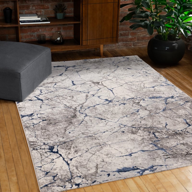 Blue Grey White Cracked Design Soft Polyester Rug