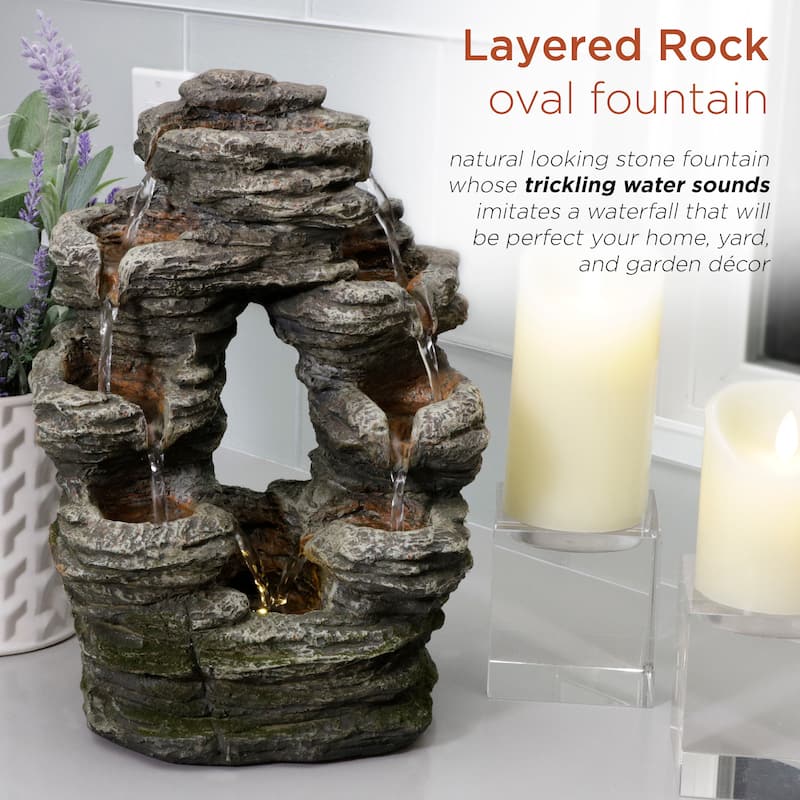 Alpine Corporation 14" Tall Indoor Stone Look Oval Shaped Waterfall Tabletop Fountain