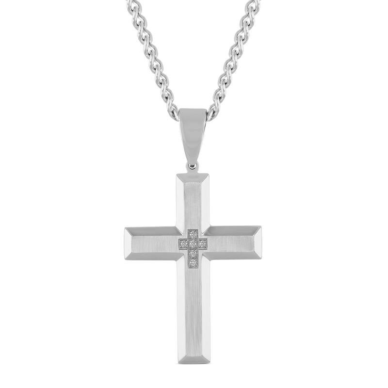 Steel Nation Stainless Steel Cross Pendant 0.05ctw - White - White
