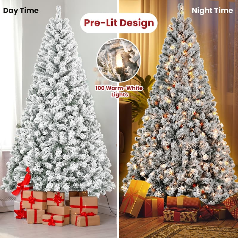 4FT Flocked Christmas Tree with 100 Warm White Incandescent Lights - Snowy Artificial Tree with 233 Tips and Sturdy Metal Stand