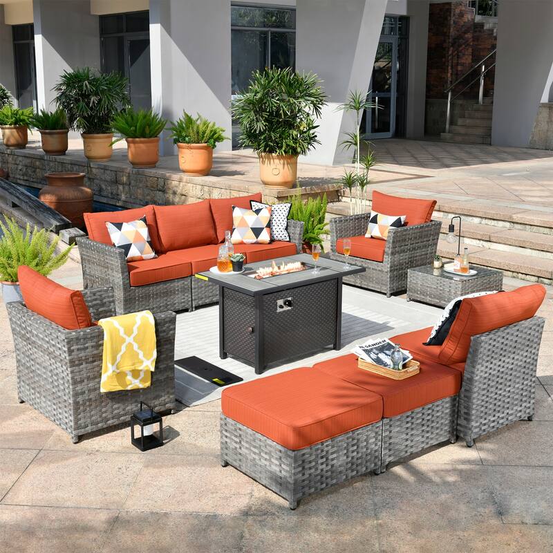 HOOOWOOO 10-piece Wicker Patio Furniture Sectional Set with Steel Fire Pit Table - Red/Orange