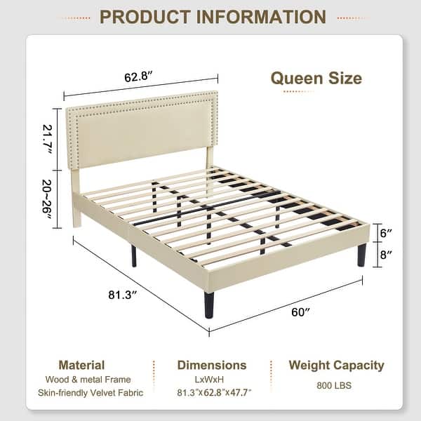 dimension image slide 27 of 30, VECELO Upholstered Bed Frames with Height Adjustable Headboard