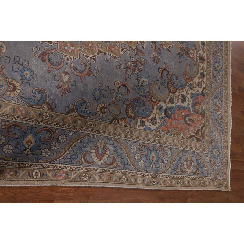 Blue Distressed Tabriz Persian Vintage Rug Hand-Knotted Wool Carpet - 7'4" x 10'3"