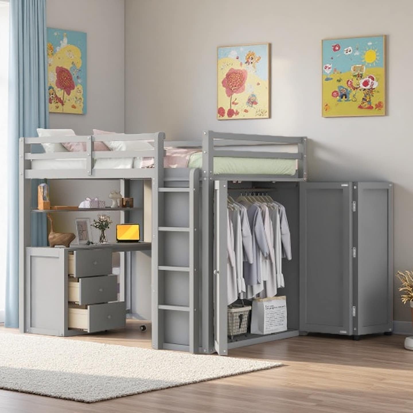 Full Loft Bed with Built-In Desk, Drawers, and Wardrobe, Pine Wood Frame with Guardrails