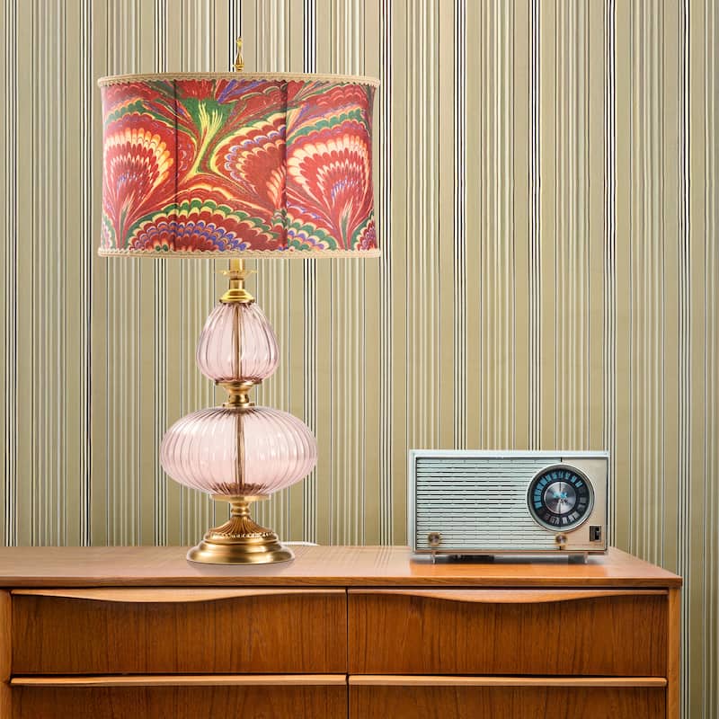 Lila River of Goods Pink/Gold Metal and Glass Drum Shade 31.5-Inch Table Lamp - 17" x 17" x 31.5"