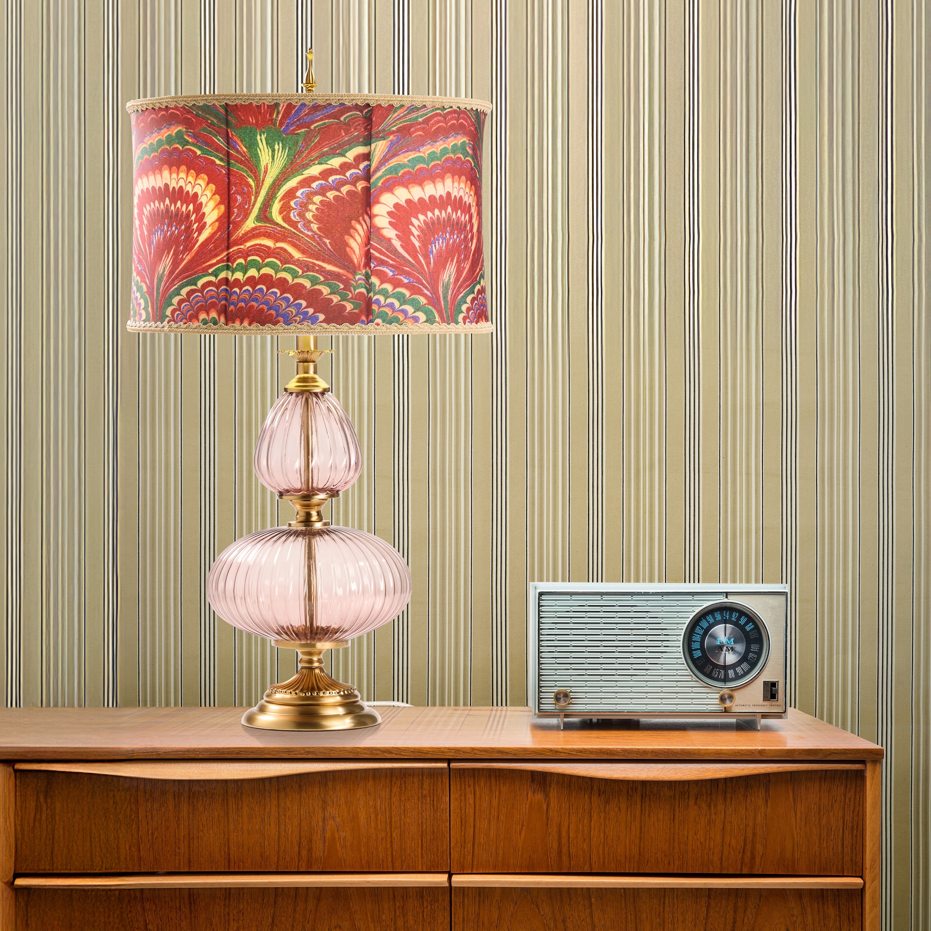 River of Goods Lila Pink/Gold Metal and Glass Drum Shade 31.5-Inch Table Lamp - 17" x 17" x 31.5"