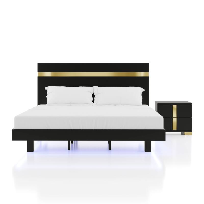 Furniture of America Halifax Modern 2-Piece Wood Black Platform Bedroom Set with Underbed LED