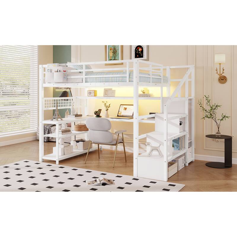 Roomfitters Full Metal Loft Bed, L-Shaped Desk and LED Staircase Wardrobe with Charging Station for Girls Bedroom
