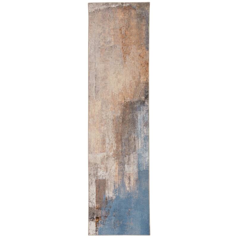 Kyler Machine Washable Beige and Blue Watercolor Area Rug - 2' x 8'