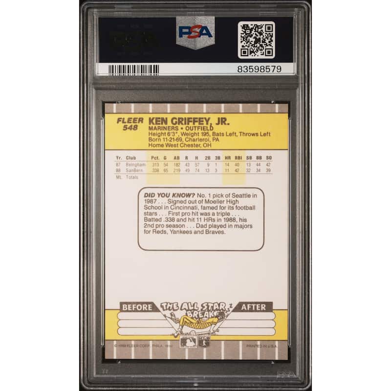 Ken Griffey Jr 1989 Fleer Baseball Rookie Card #548 Graded PSA 10 - 8'6" x 11'6"
