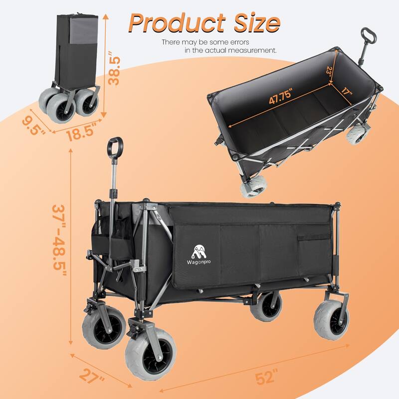 52"Extended Heavy-Duty Foldable Utility Wagon, 560lbs, Ultra-Stable Frame, 1:6 Space-Saving Fold, Portable and Collapsible