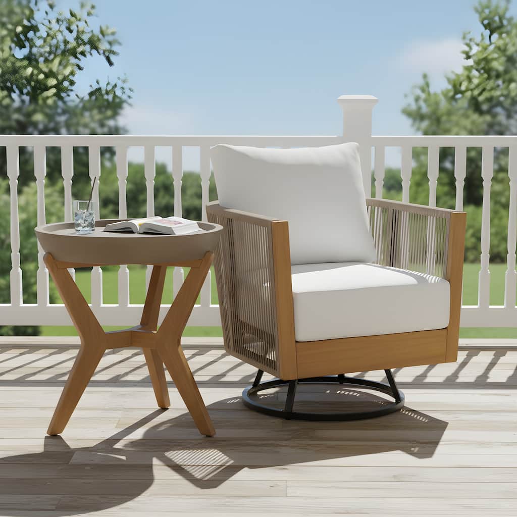 Outdoor Acacia Wood Rope Swivel Lounge Chair with Cushion and Concrete-Acacia Side Table