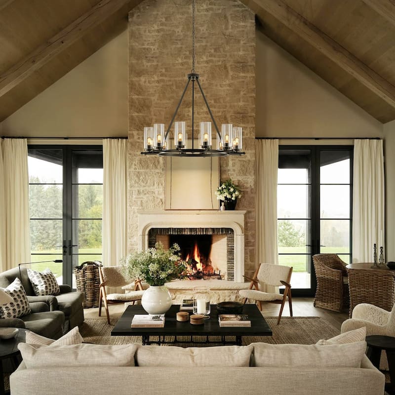 12-Light Mid-Century Modern Black Wagon Wheel Chandelier with Clear Glass Shades - 39.37 in. W x 36.61 in. H