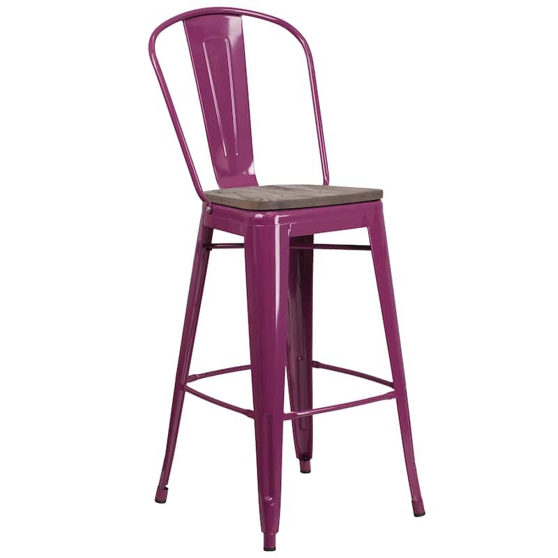 30" High Metal Barstool with Back and Wood Seat - 18"W x 19"D x 46"H - 18"W x 19"D x 46"H