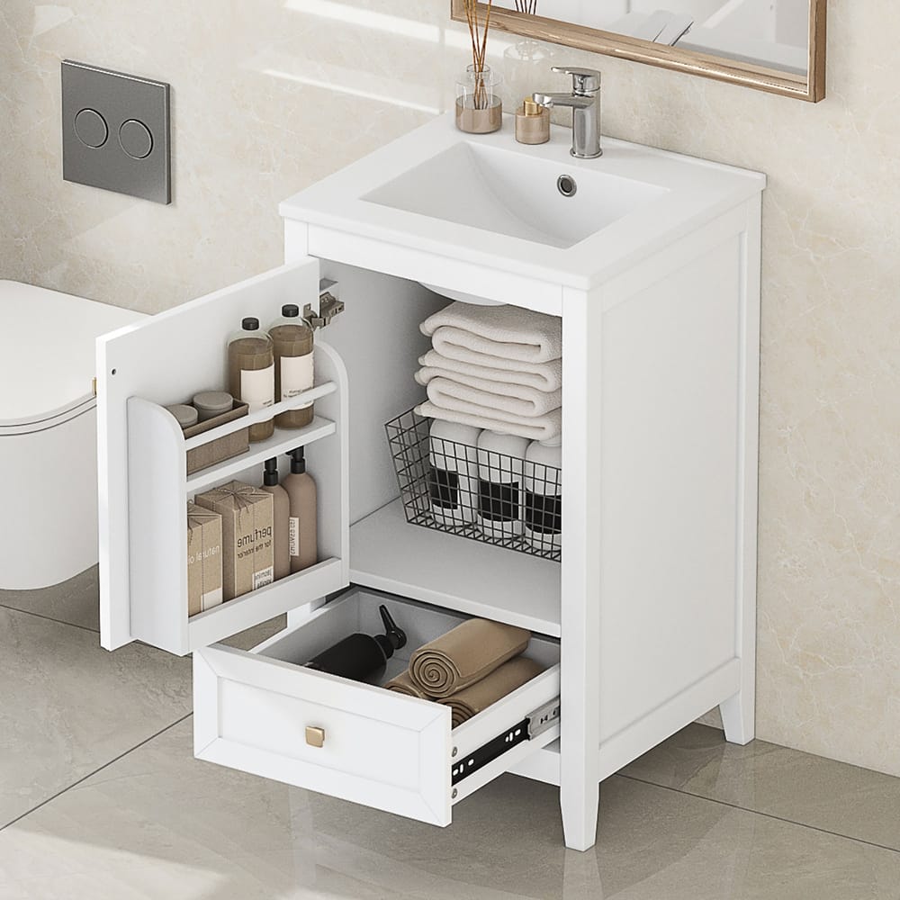 Bathroom Vanity with Top Sink, Vanity Cabinet with Soft Closing Door, Bathroom Vanity Set with Storage Rack and Drawer