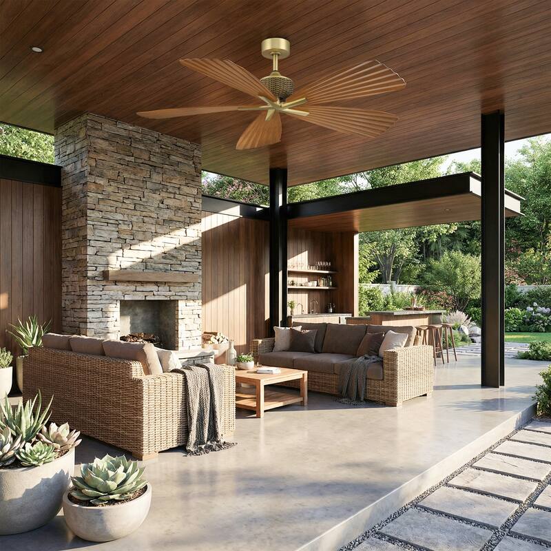 56" Tropical Brown Palm Leaf 5-Blade Indoor Outdoor Ceiling Fan with Remote, No Light