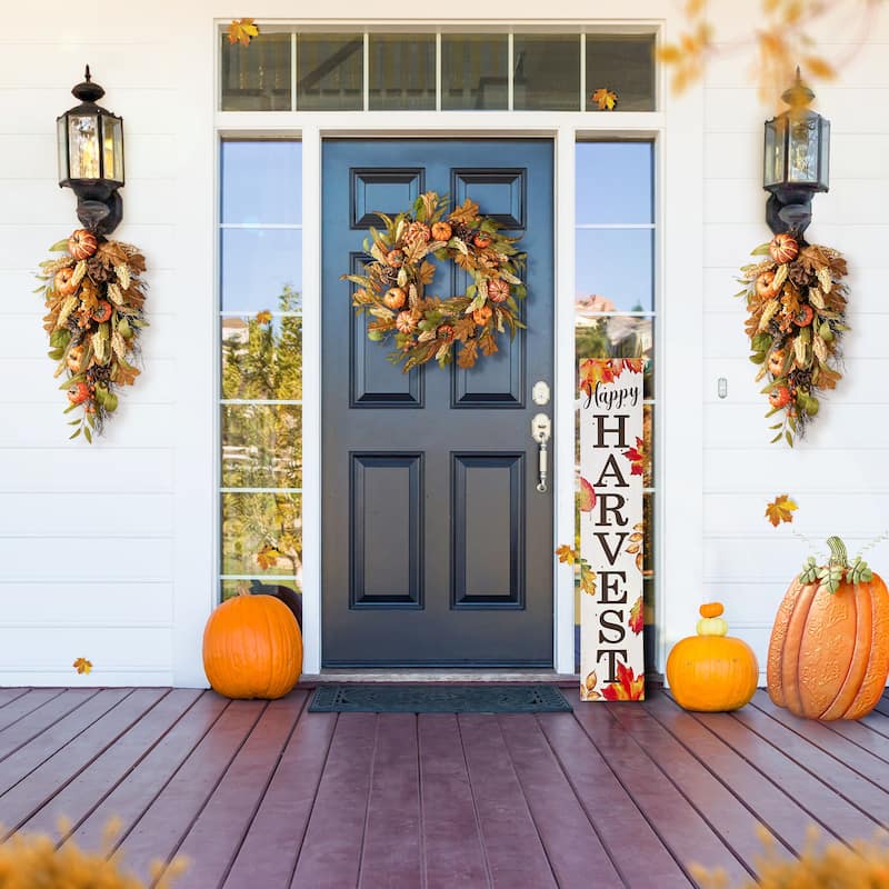 Glitzhome 24"D Fall Pumpkin Leaf Floral Swag Wreath Garland Thanksgiving Decor - 3-Piece Swag & Wreath