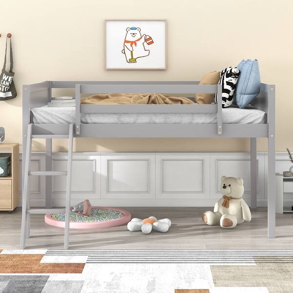 slide 2 of 14, Twin Size Wood Low Loft Bed with Versatile Ladder,Modern Concise Style Gray