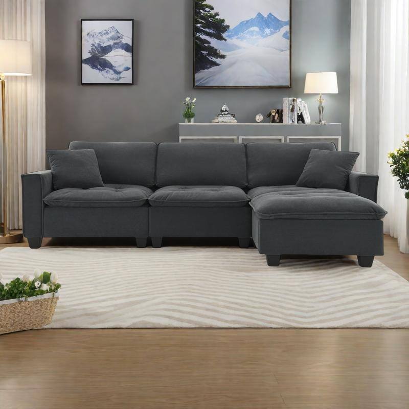 100" L-Shaped Suede Sectional Sofa with Ottoman and Pillows, 4-Seater Sleeper - Dark Gray