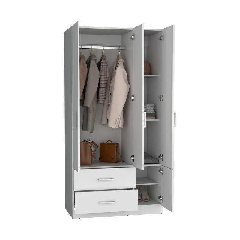 35.4" Modern Four-door Armoire with 2 Drawers, Six Shelves and Hanging Rod
