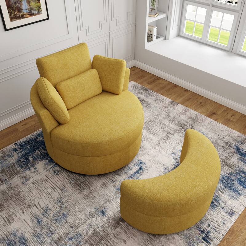 Chenille/Boucle Swivel Barrel Chair with Storage Ottoman - Chair Ottoman Set - CHENILLE/MUSTARD/Set