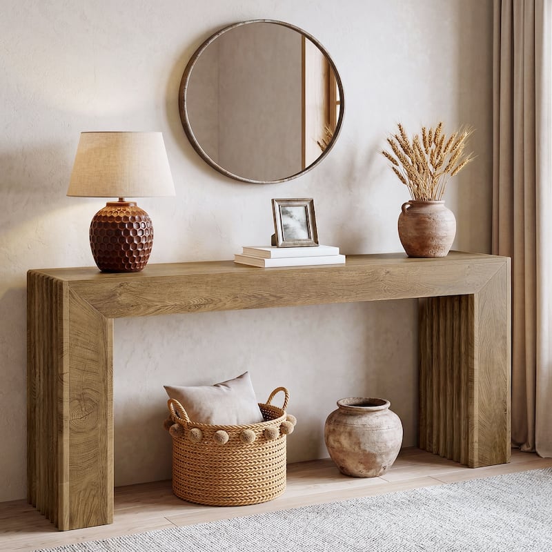 63 Inch Fluted Console Table, Farmhouse Sofa Table Behind Couch - 11.81" D x 63" W x 33.5" H - Brown
