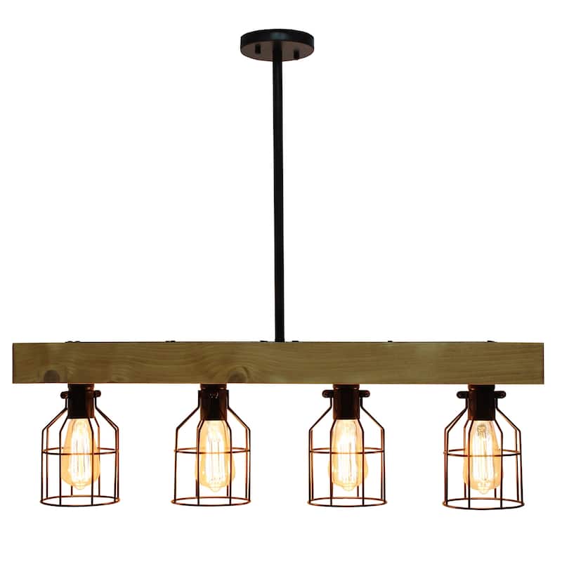 Pendant Light - 4 Light Cage Shade with Wood & Matte Black - Farmhouse Lighting - 47
