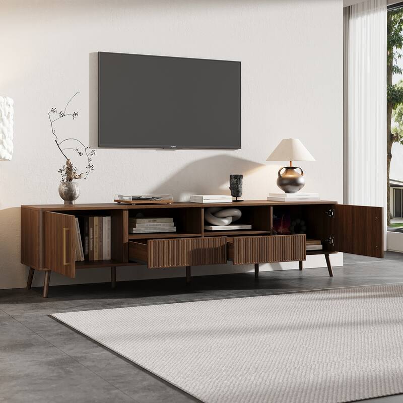 Walnut Entertainment Center TV Stand with 2 Drawers, Media Console Sideboard Buffet Cabinet Side Cabinet