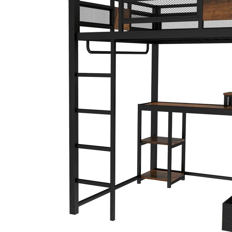 Heavy Duty Metal Loft Bed Frame with Ladder, Queen Size High Loft Bed with L Shaped Desk and 2 Drawers, Noise Free Slats