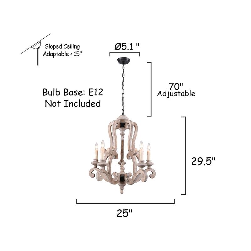 Cusp Barn Farmhouse Antique 5-Light Wood Candle Chandelier Empire Shabby Ceiling Light for Dining Room Entryway