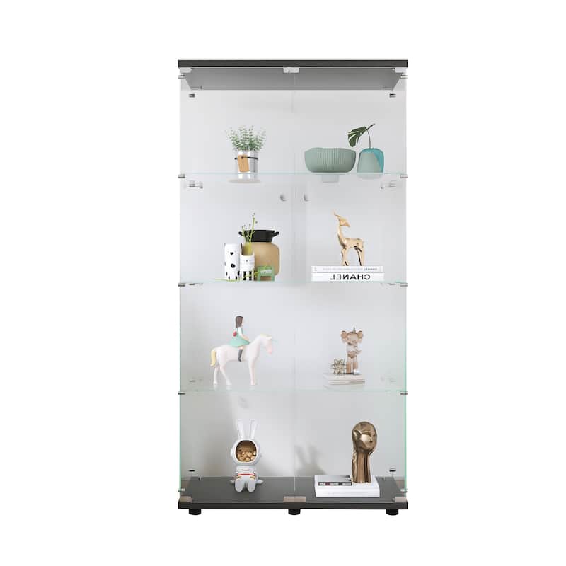 Two-door Glass Display Cabinet with 4 Tier Storage Shelves Floor Standing Curio Glass Bookshelf for Living Room Bedroom Office